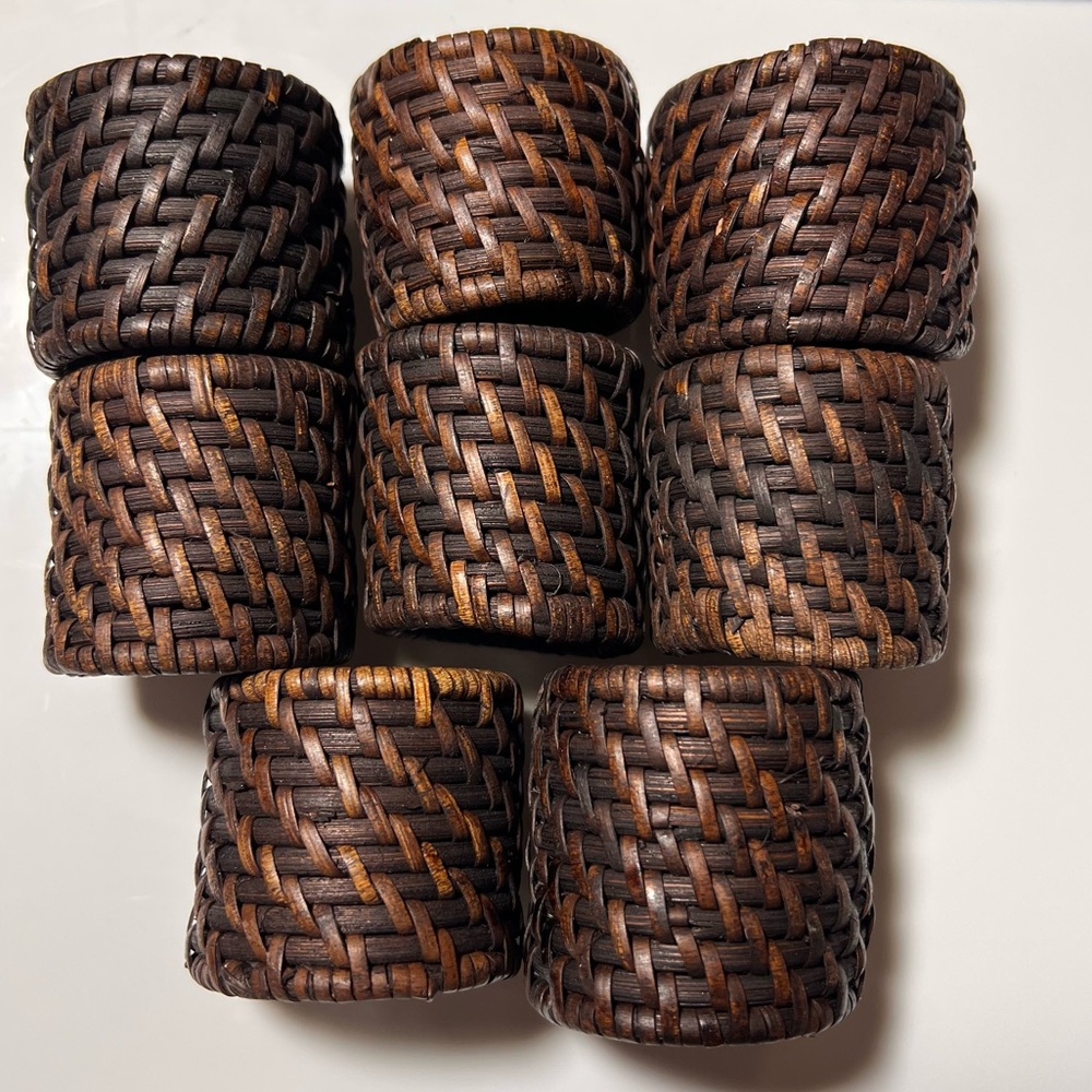 Vintage Brown Rattan Napkin Rings • Woven Holders • Set Of 8 • Boho Style